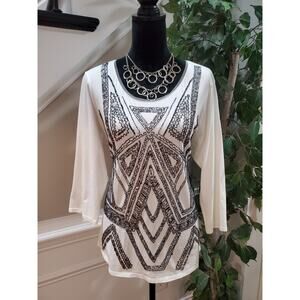 Cold Water Creek Womens White Cotton Sequin Round Neck Long Sleeve Top Blouse L